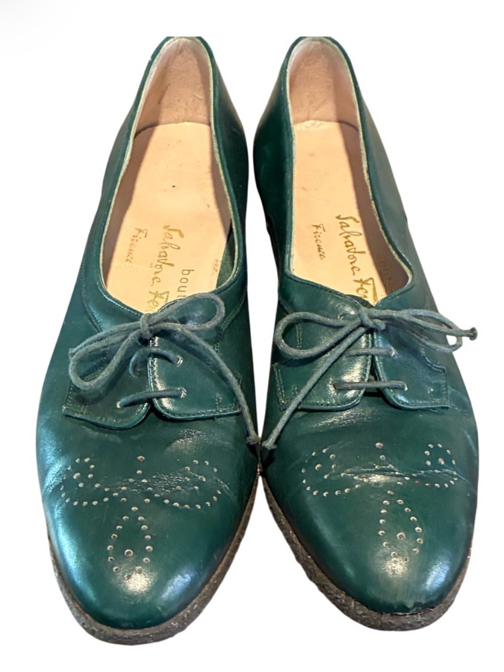 Vintage Salvatore Ferragamo Green Leather Lace-Up Women's Shoes Made in Italy